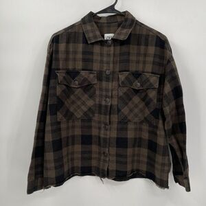 Zara Womens Collared Crop Shirt‎ XS Brown Plaid Frayed Hem
